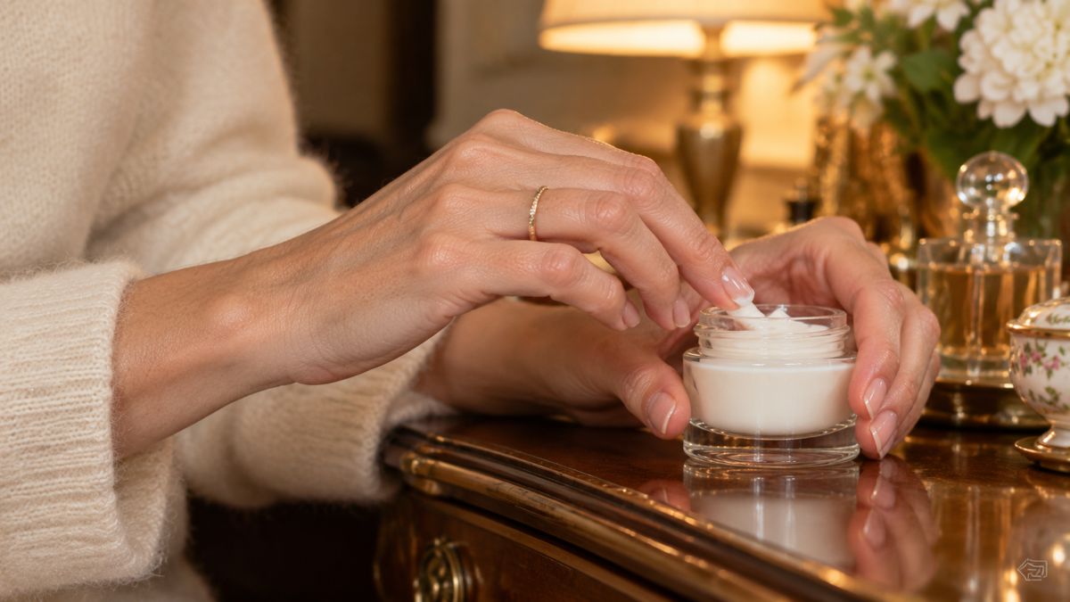Hands taking a little cream from a glass jar
